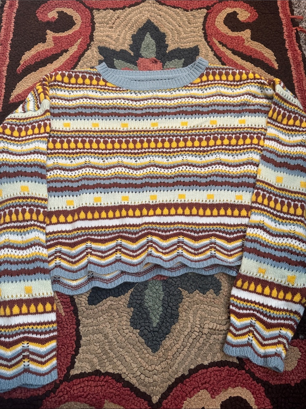 Cropped Striped Knit Crewneck Sweater - Yellow, Blue & Brown